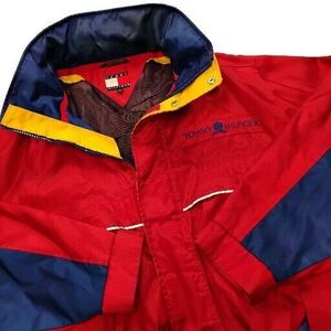 VTG Tommy Hilfiger Hooded Color Block Collar Logo Jacket Coat Mens Size Large